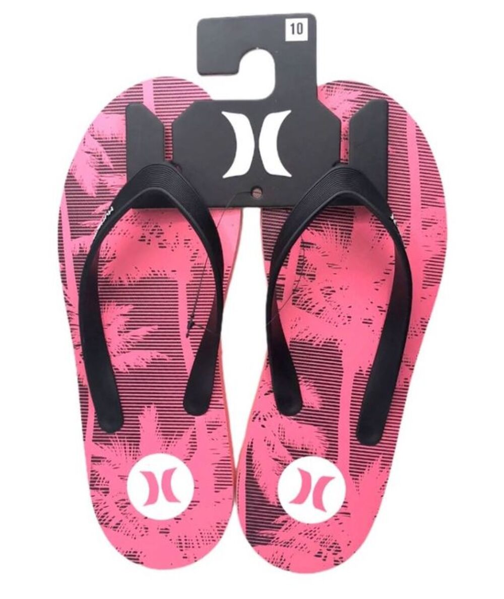 Hurley Men's Black / Pink Palm Tree Print Sandals Flip-Flops Size 10 NWOT